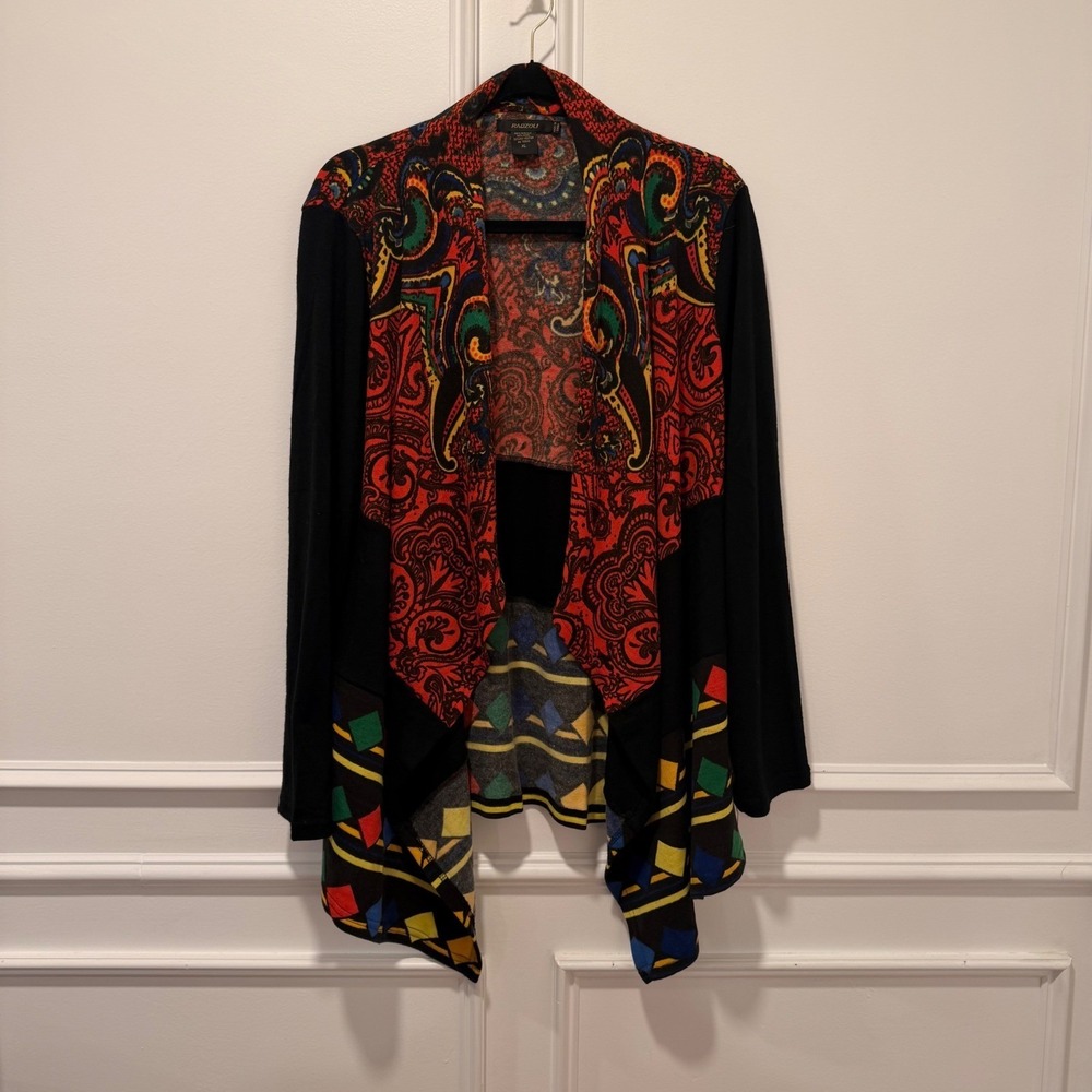 Radzoli Women's Size XL Black Multi-Color Print Open Front Cardigan Sweater Boho